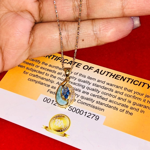 Natural Tanzanite w/ Natural Larimar beautiful Turkish 14k gold vermeil pendant - Picture 10 of 11